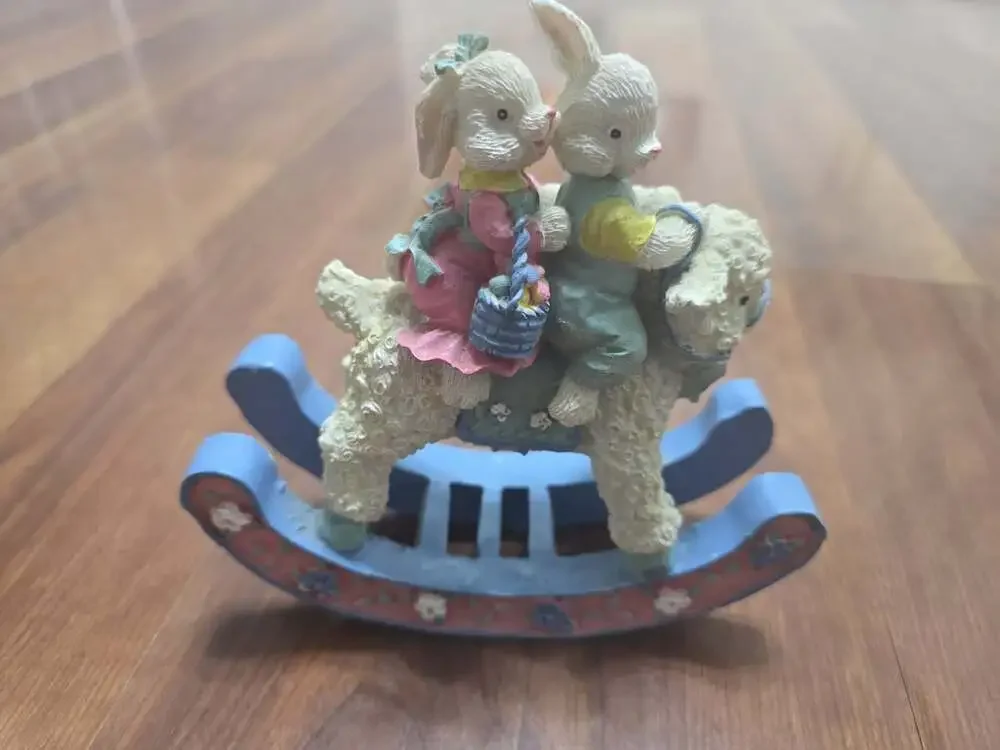 Vintage Resin Easter Bunny Rabbit Figurines Riding On Blue Rocking Lamb READ
